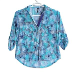 Venini Blouse Womens Large Blue Teal Abstract Snakeskin Roll Tab Button Up Top
